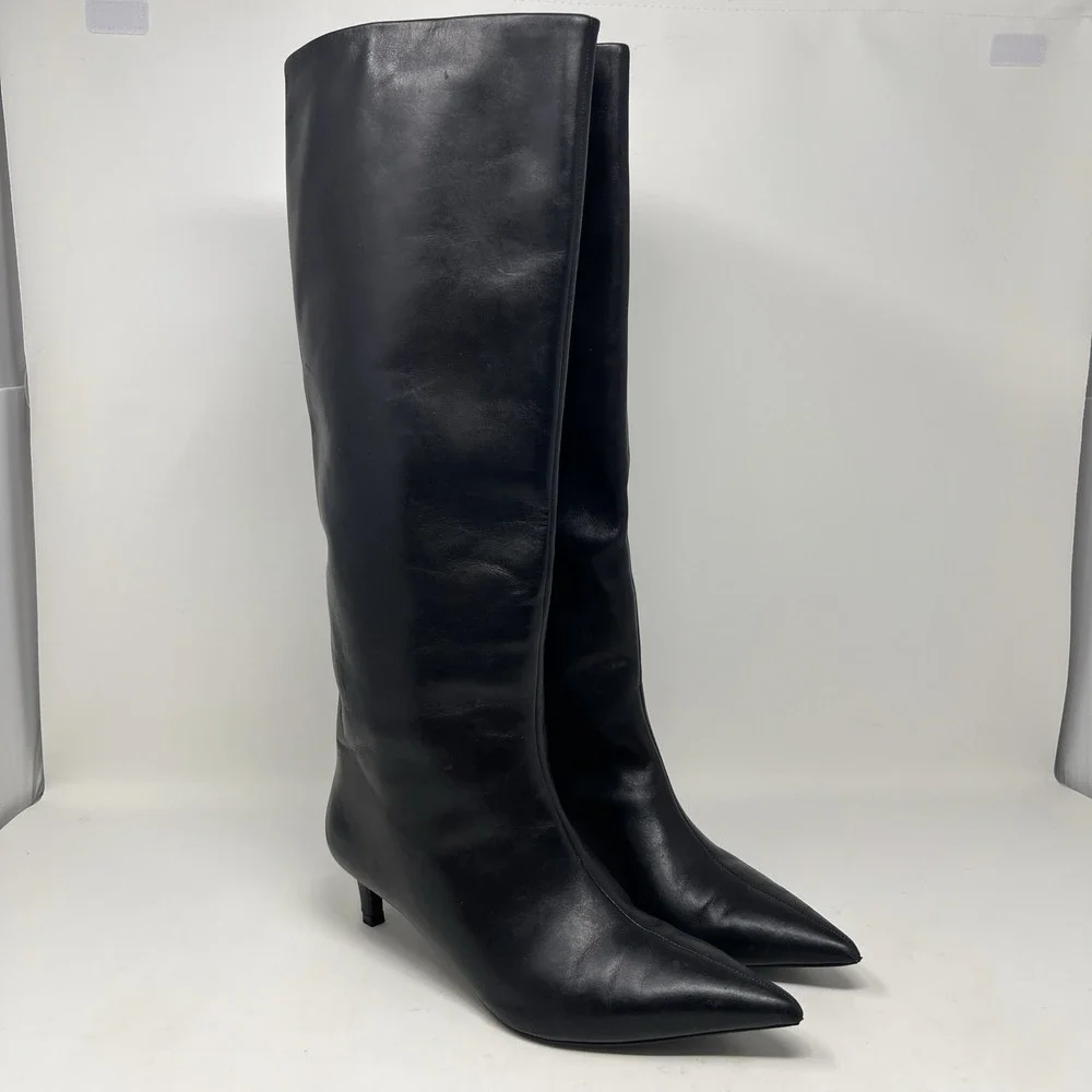 Free People Kiki Knee High Kitten Heel Boots Womens Size 7 Black Leather Pull On
